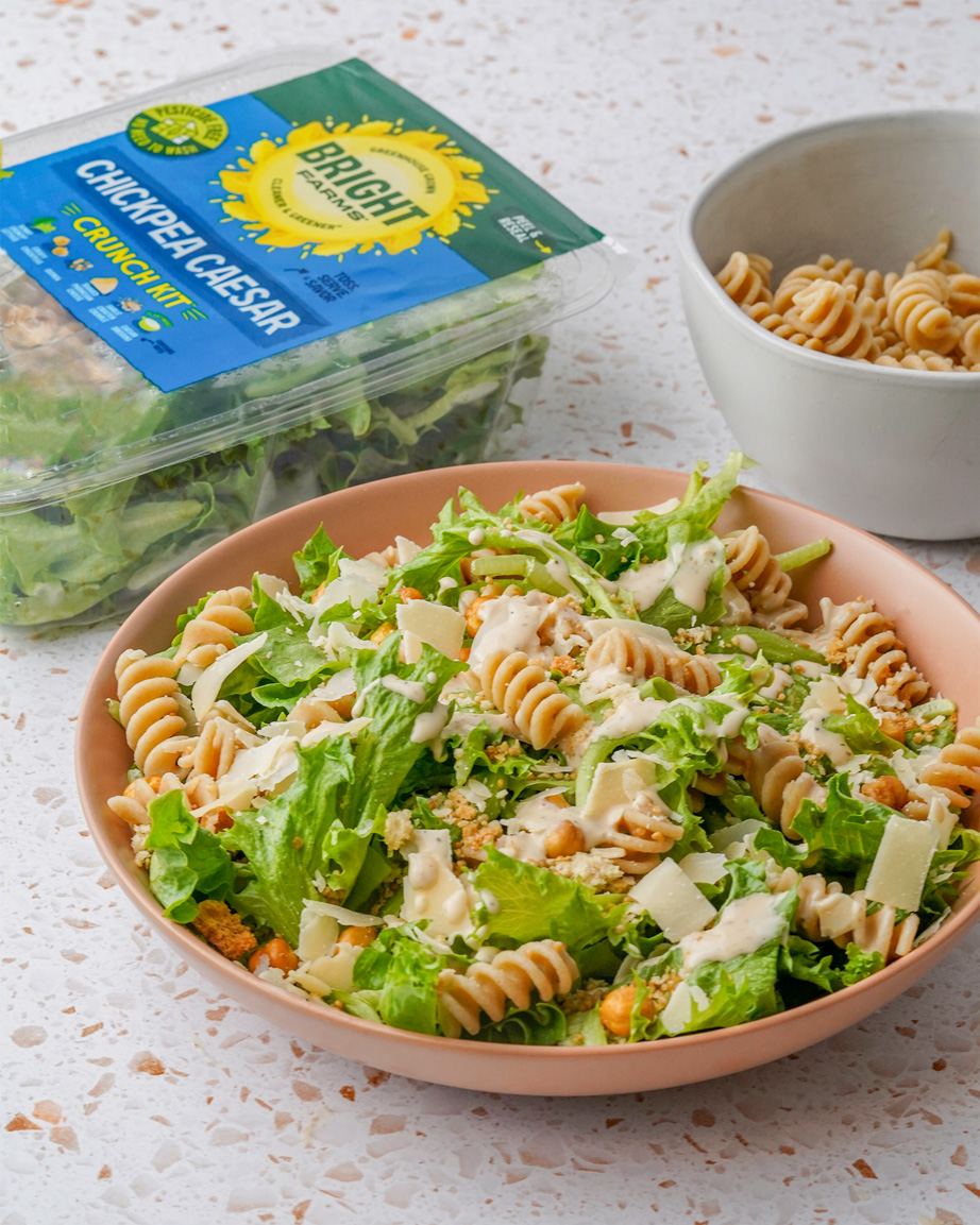 Bright Farms chickpea caesar used for caesar pasta salad recipe